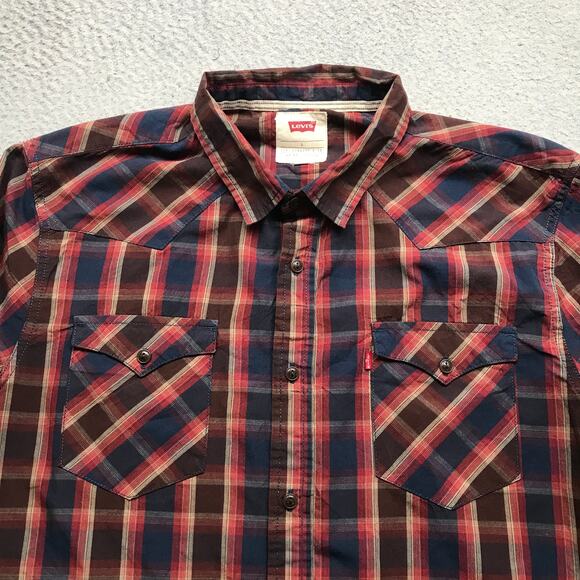 Levis Strauss & Co. Button Up Shirt Mens Large L Pockets Plaid Maroon Red Blue - Picture 8 of 10